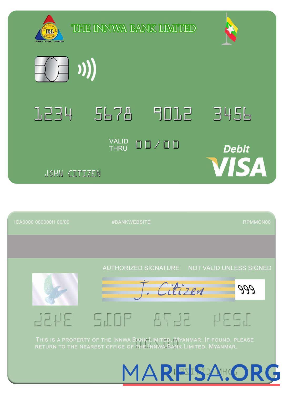 Printable Myanmar Innwa Bank Limited visa debit card real example